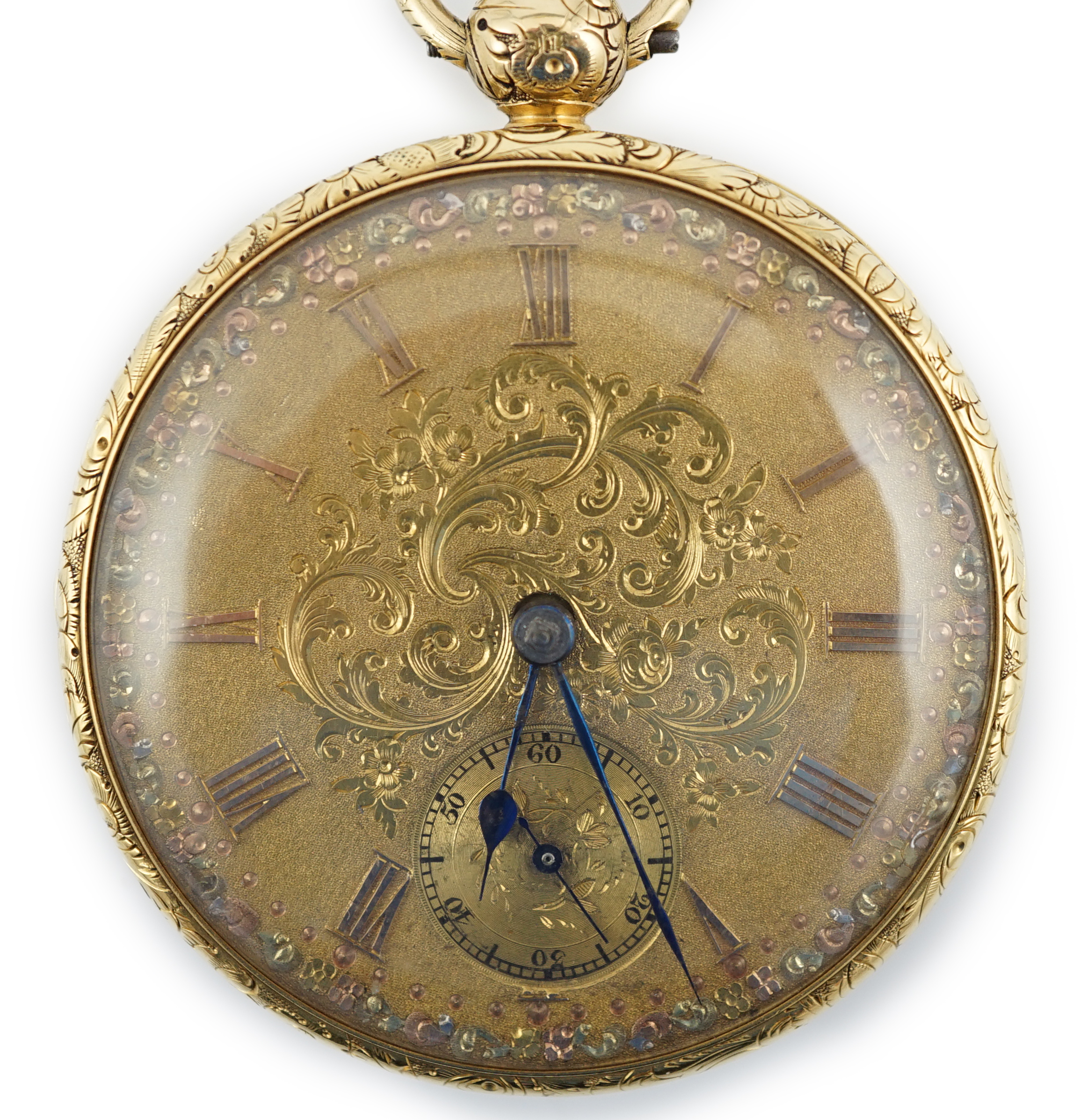 An early Victorian engine turned 18ct gold open face key wind pocket watch, by William Gilbert, Belfast